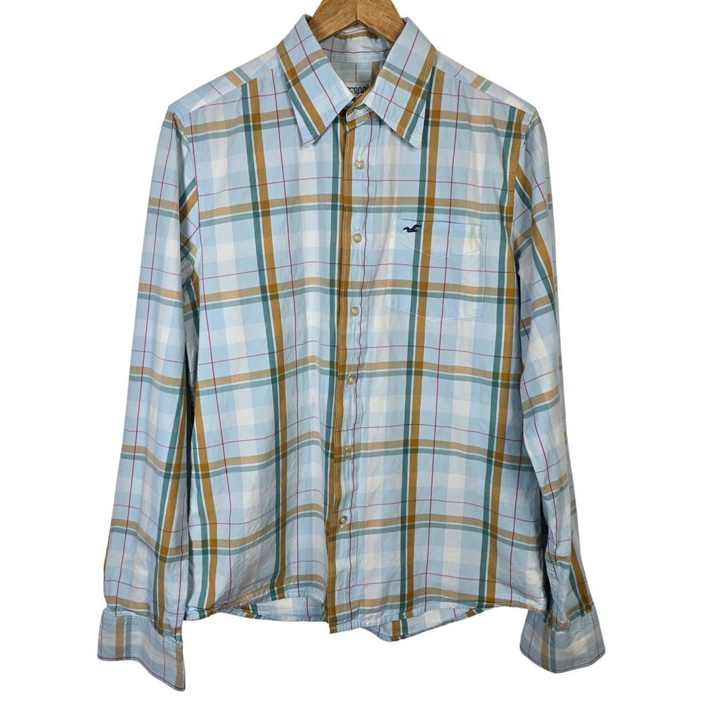 Y2K Hollister Mens Long Sleeve Plaid Button Up Shirt Blue‎ Yellow Green Size L